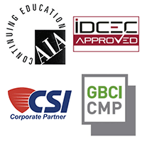 AIA Continuing Education logo - GBCI CMP Leed's Credential Maintenance Program logo - IDCEC Approved logo